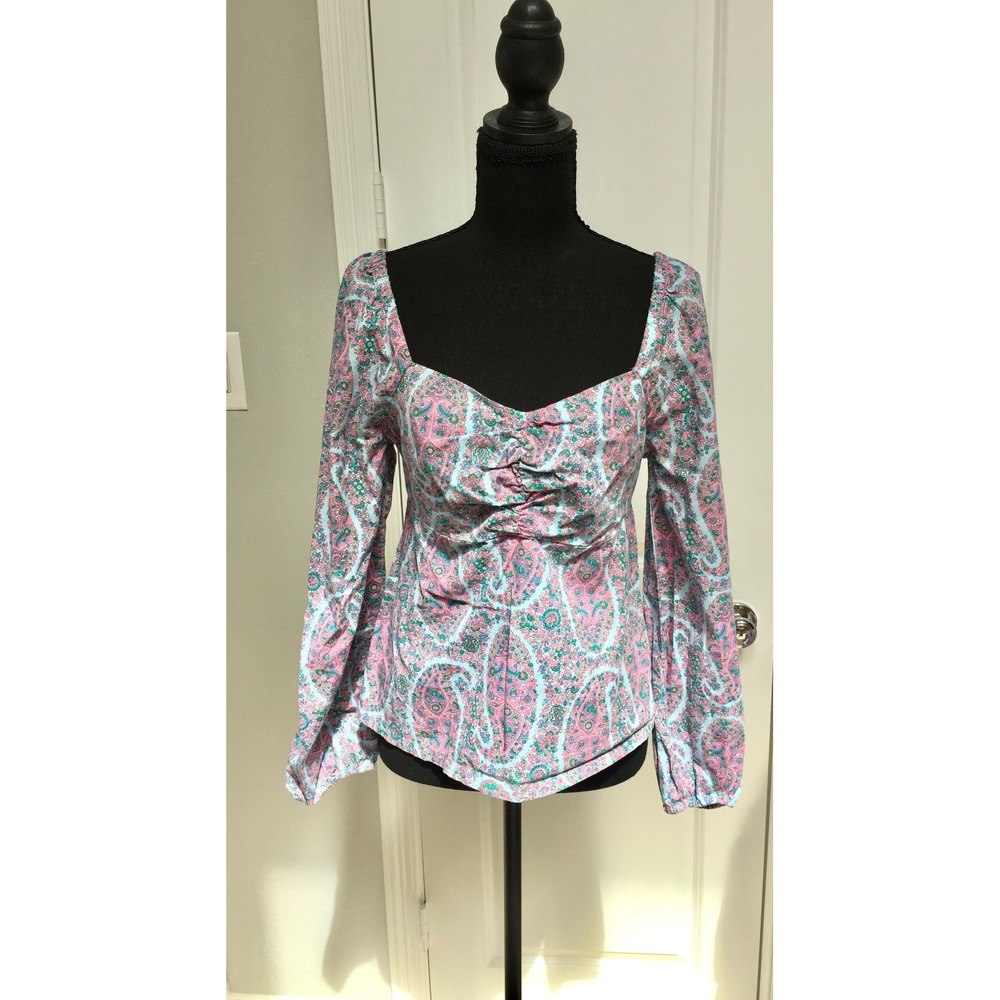 J.Crew Womens Pink Blue Paisley Floral Ruched Sweetheart Neck Smocked Top Size 6